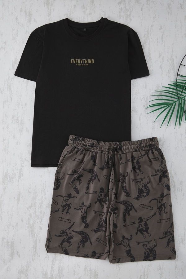 Trendyol Trendyol Black Regular Fit Printed Shorts Knitted Pajama Set