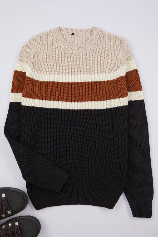 Trendyol Trendyol Black Slim Crew Neck Color Blocked Knitwear Sweater