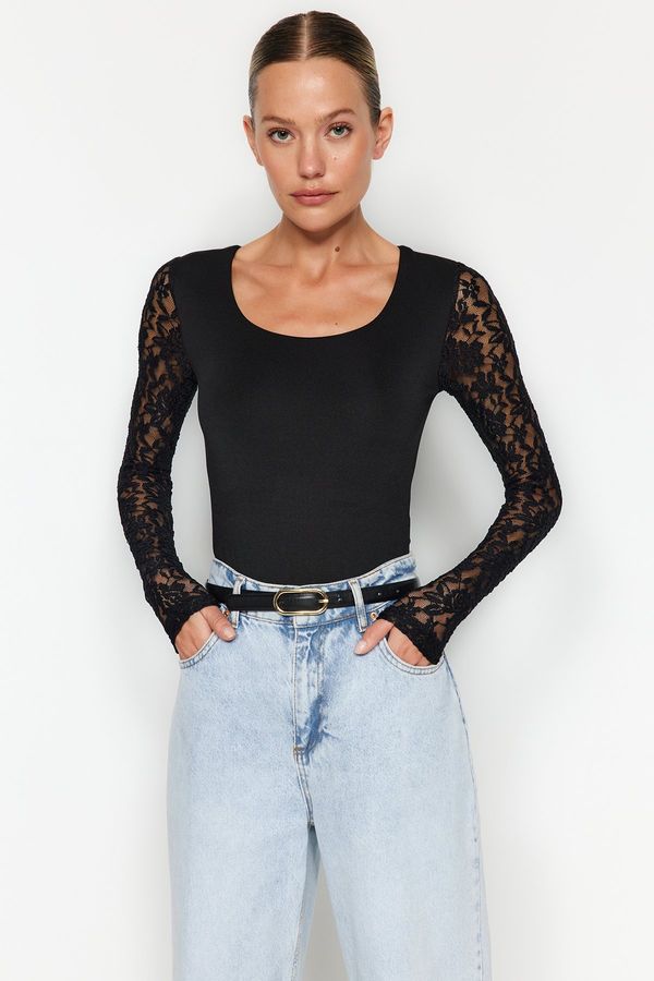 Trendyol Trendyol Black Square Neck Lace Sleeve Knitted Bodysuit