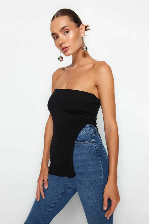 Trendyol Trendyol Black Strapless Slit detailed Premium Yarn / Special Yarn Knitted Thin Blouse