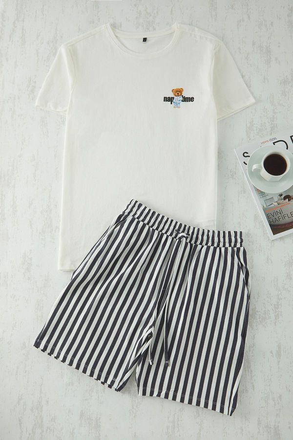 Trendyol Trendyol Black Striped Regular Fit Couple/Double Knitted Shorts 100% Cotton Pajama Set