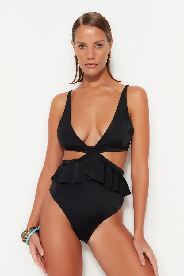 Trendyol Trendyol Black V-izrez alternativa nositi redoviti nogavac kupaći kostim