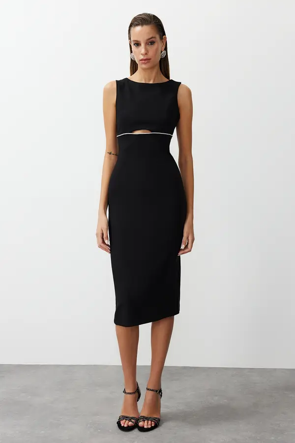 Trendyol Trendyol Black Window/Cut Out Detailed Shiny Stone Woven Elegant Evening Dress