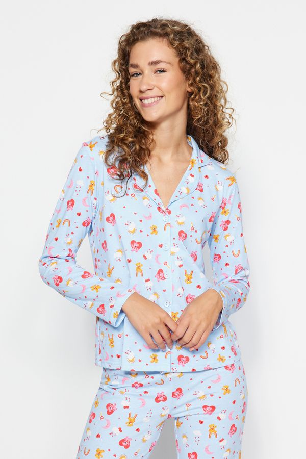 Trendyol Trendyol Blue 100% Cotton Shirt-Pants Knitted Pajamas Set