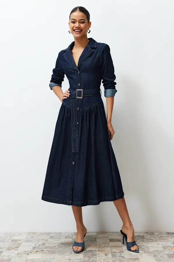 Trendyol Trendyol Blue Belted Jacket Collar Maxi Denim Dress