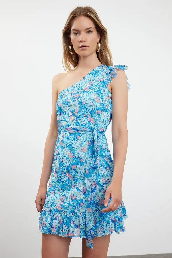 Trendyol Trendyol Blue Floral Belted Mini Patterned Single Sleeve Detailed Ruffle Lined Flexible Knit Dress