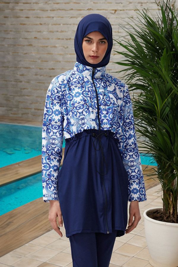 Trendyol Trendyol Blue Fully Covered 4-Piece Patterned Swimsuit Set