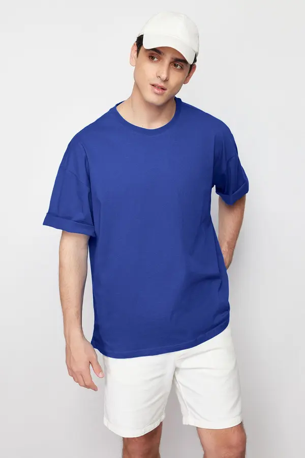 Trendyol Trendyol Blue Oversize/Wide Basic Cut 100% Cotton T-Shirt