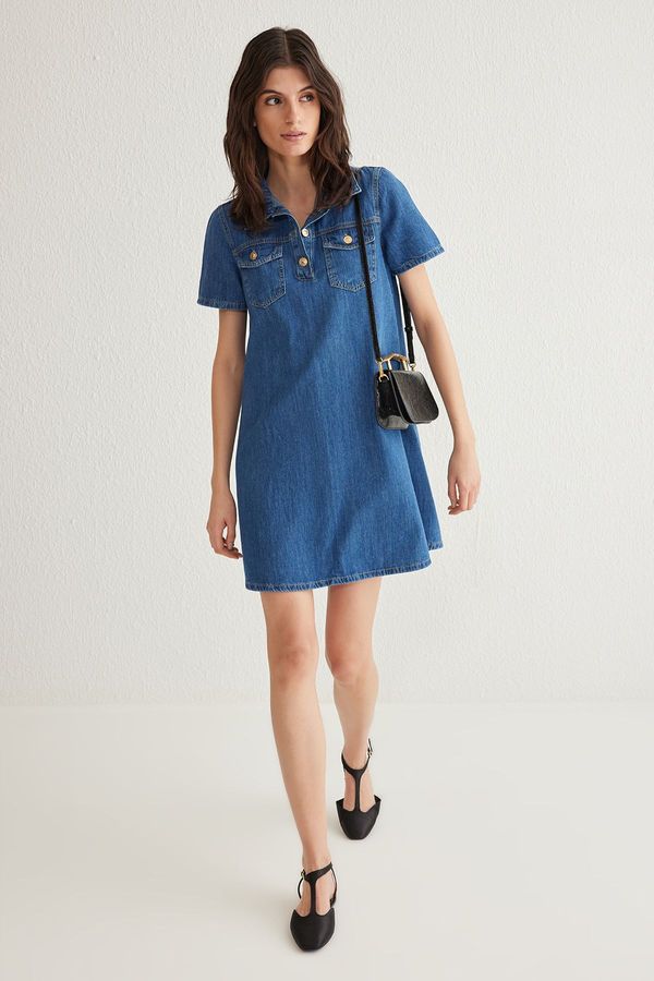 Trendyol Trendyol Blue Pocket Detailed Loose Mini Denim Shirt Dress