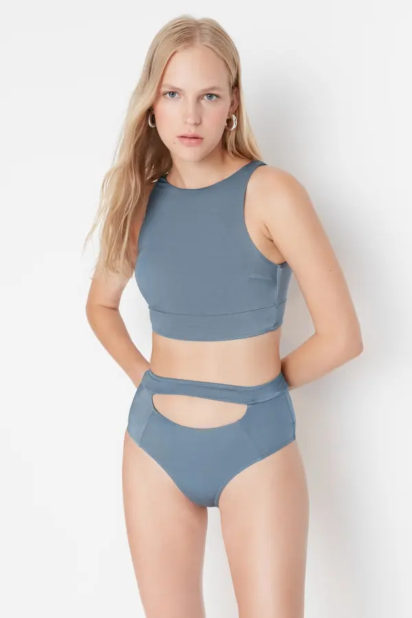 Trendyol Trendyol Blue Shiny Cut Out Detailed High Waist Bikini Bottoms