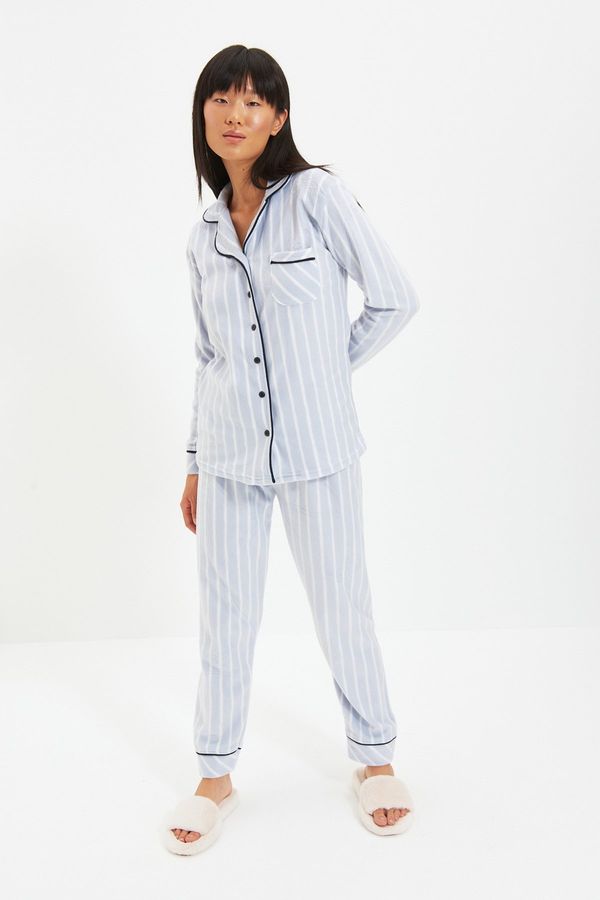 Trendyol Trendyol Blue Striped Conducte detaliate tricotate pijamale Set