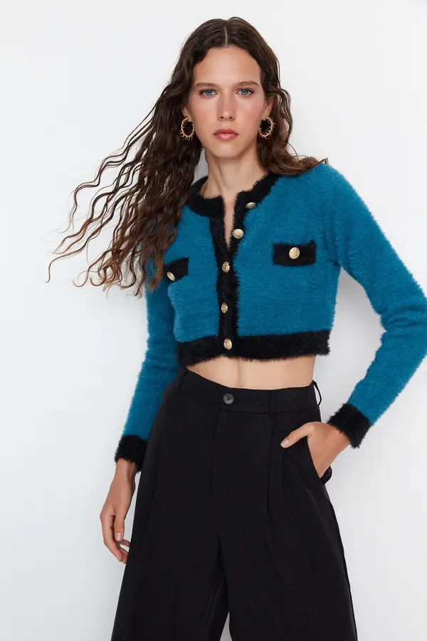 Trendyol Trendyol Blue Super Crop Pile pletenina Cardigan