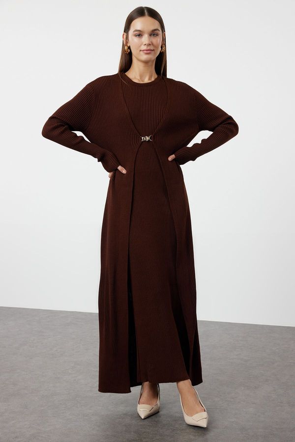 Trendyol Trendyol Brown Corduroy Dress-Cardigan Knitwear Suit