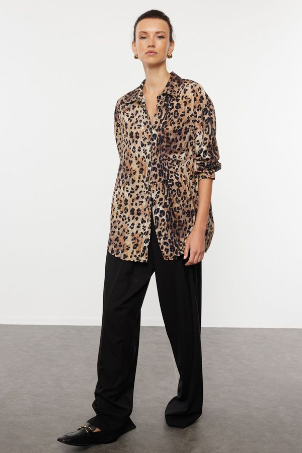Trendyol Trendyol Brown Leopard Animal Patterned Oversize Wide Fit Shirt