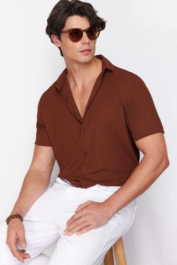 Trendyol Trendyol Brown Regular Fit Short Sleeve Summer Textured Crepe Knit Shirt
