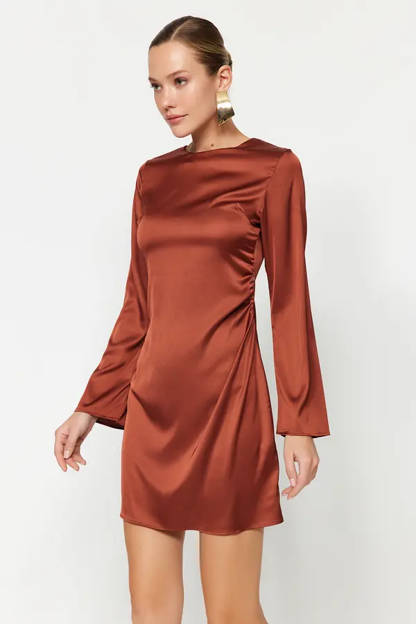 Trendyol Trendyol Brown Straight Cut Mini Gathered Woven Dress