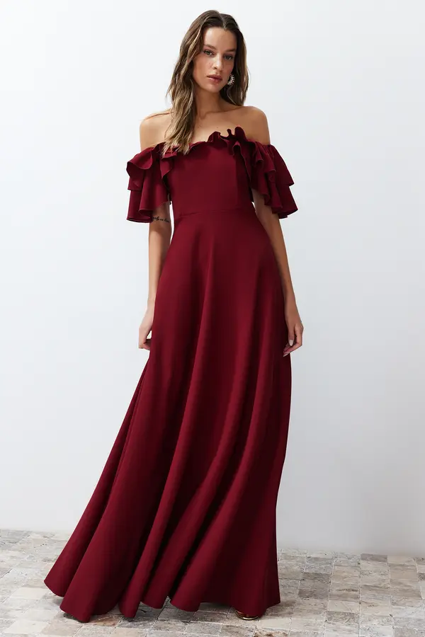 Trendyol Trendyol Burgundy A-Cut Flounce Woven Long Elegant Evening Dress