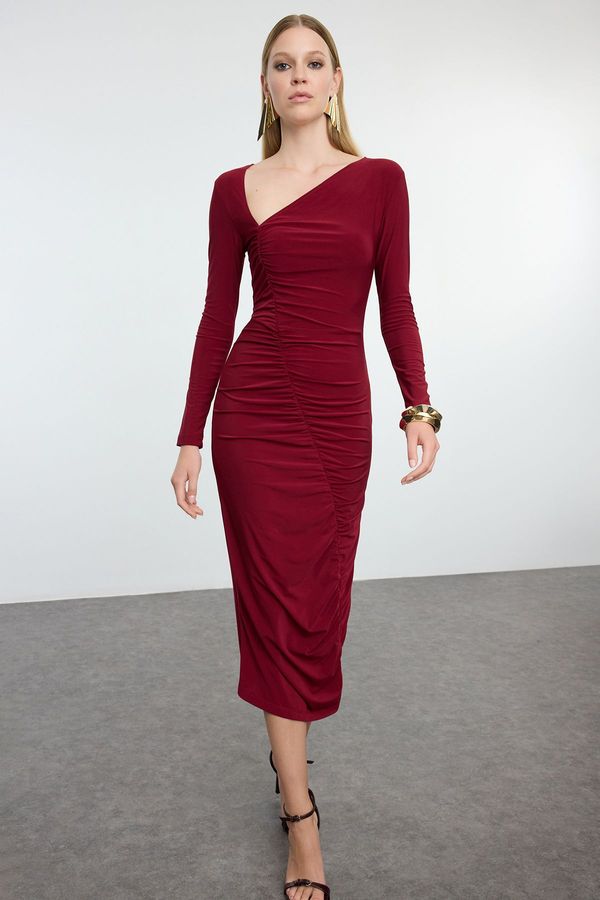 Trendyol Trendyol Burgundy Fitted Asymmetrical Collar Knitted Chic Evening Dress