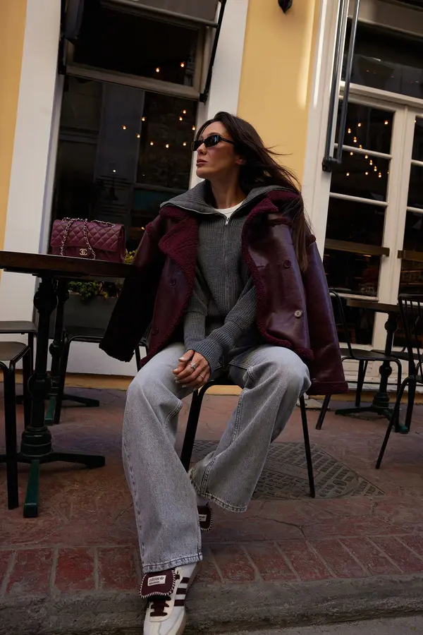 Trendyol Trendyol Burgundy Plush Detailed Faux Leather Biker Jacket Coat