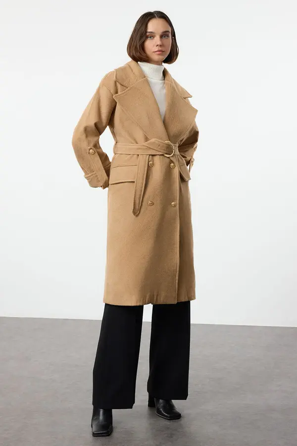 Trendyol Trendyol Camel Belted Foldable Sleeves Regular Wool Trench Coat