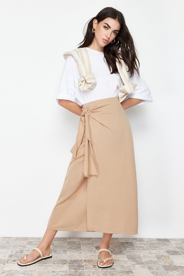 Trendyol Trendyol Camel Double Breasted Tie Detailed Woven Linen Look Skirt