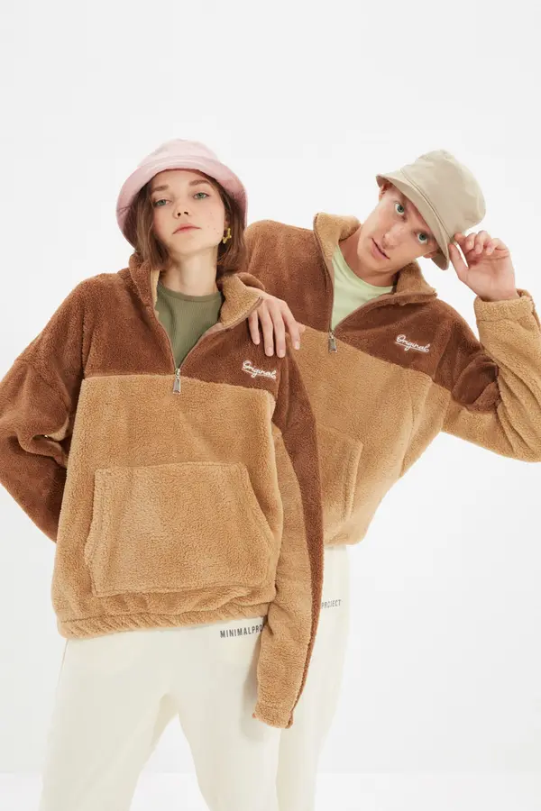 Trendyol Trendyol Camel Unisex Oversize/Wide Cut Color Block Warm Plush Sweatshirt