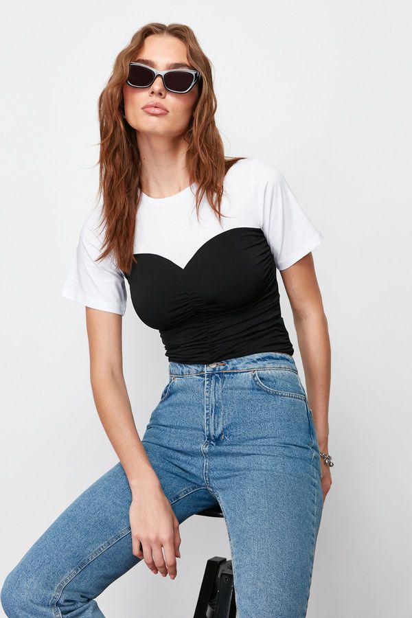 Trendyol Trendyol Color Block Fitted Gathered Detail Short Sleeve Stretch Knit Blouse