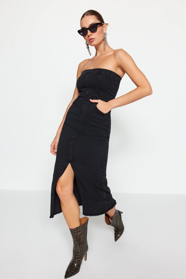 Trendyol Trendyol crna prorezana midi traper haljina