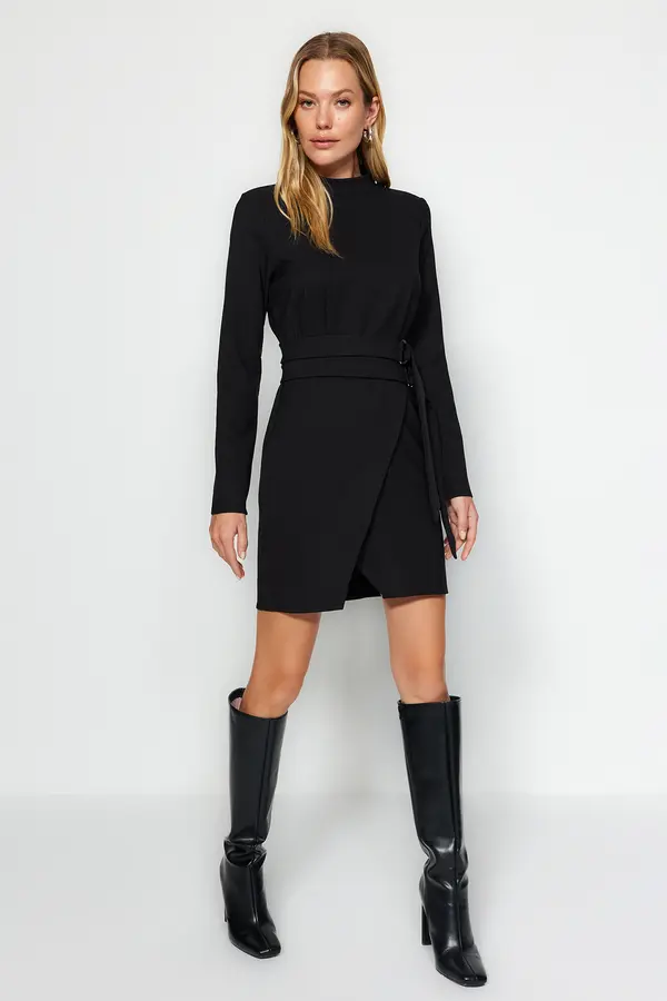 Trendyol Trendyol crna remen A-Line high neck tkana haljina