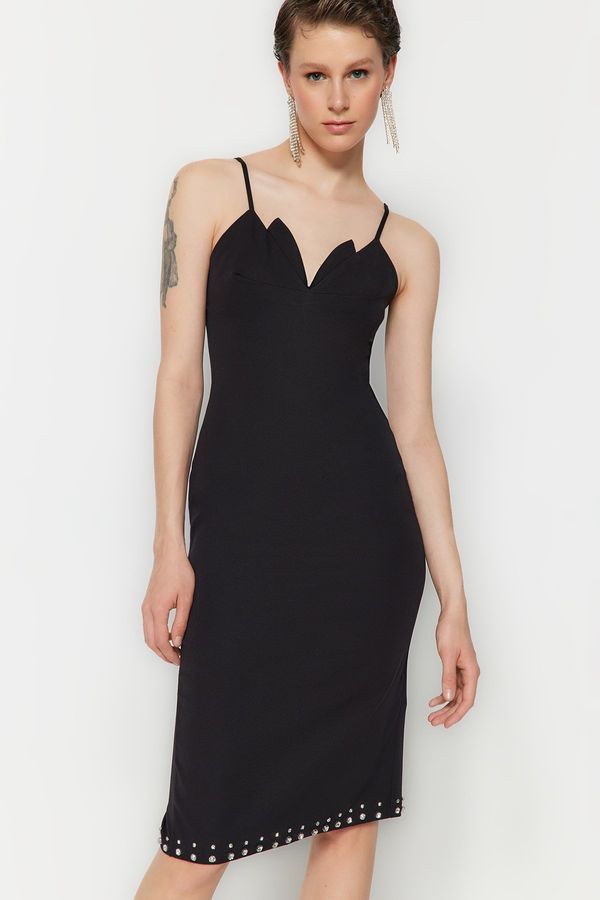 Trendyol Trendyol crna uklopljena tkana sjajna kamena elegantna večernja haljina