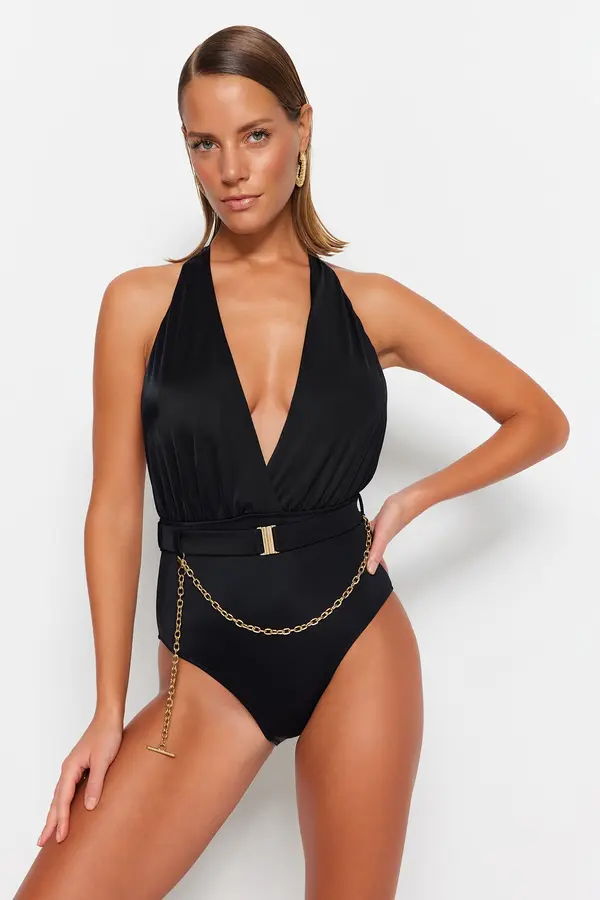 Trendyol Trendyol crni duboki dekolte accessorized, redoviti kupaći kostim za noge