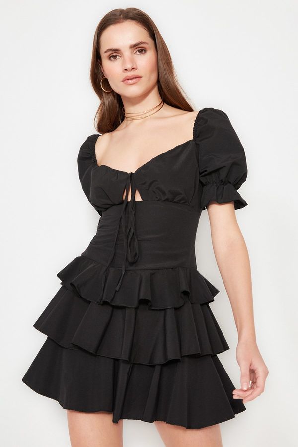 Trendyol Trendyol crni otvoreni struk / klizač flounce Poplin elegantna večernja haljina