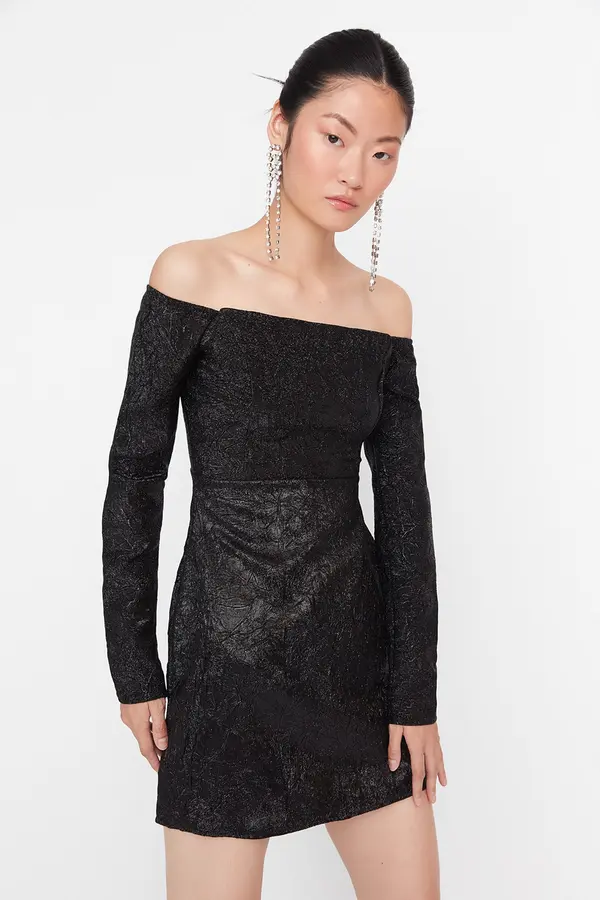 Trendyol Trendyol crni ovratnik detaljna Jacquard večernja haljina