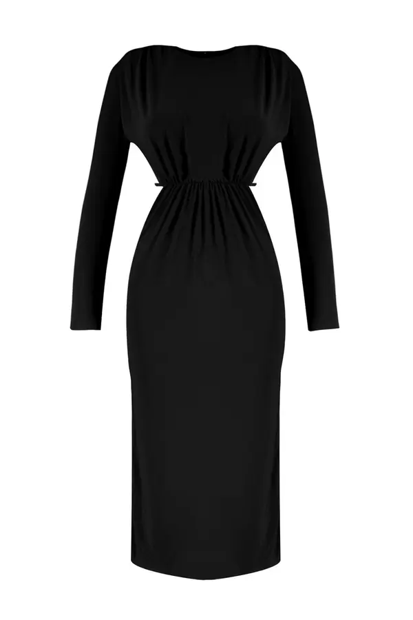 Trendyol Trendyol crni pleteni podstavljeni prozor / izrezani detalj elegantna večernja haljina