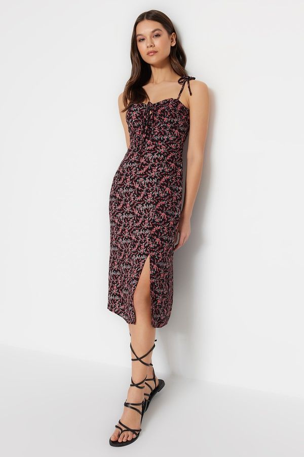 Trendyol Trendyol crni ravni rez Midi tkana naramenica s uzorkom vrata srca tkana haljina