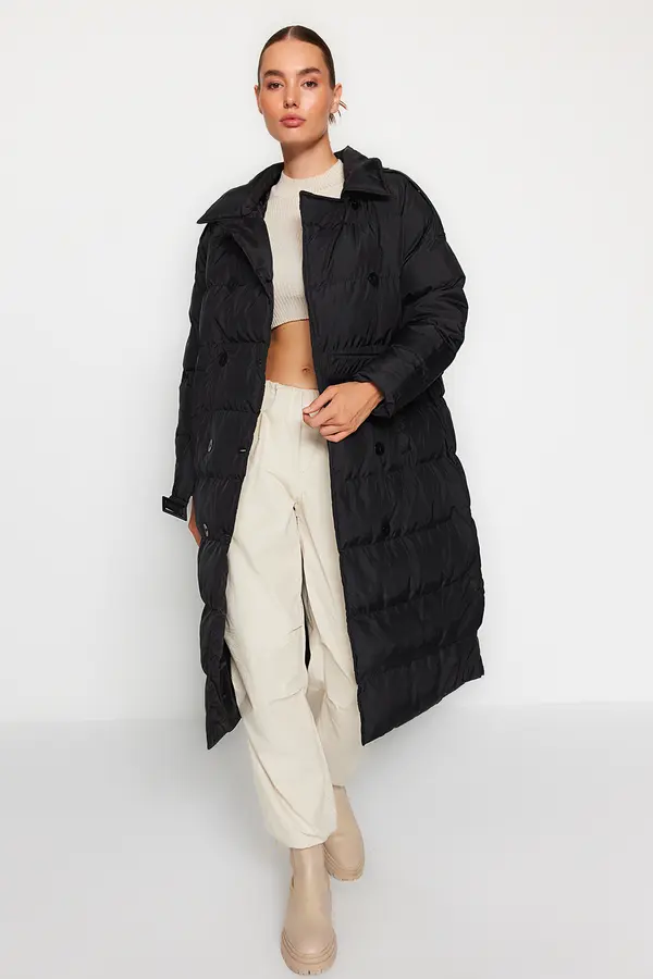 Trendyol Trendyol crni remen vodoodbojni dugi kaput na napuhavanje