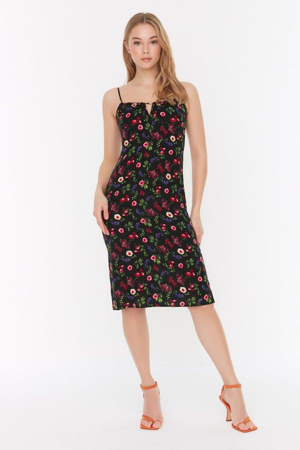 Trendyol Trendyol crni sitni ovratnik s remenčićima detaljna tkana tkana haljina