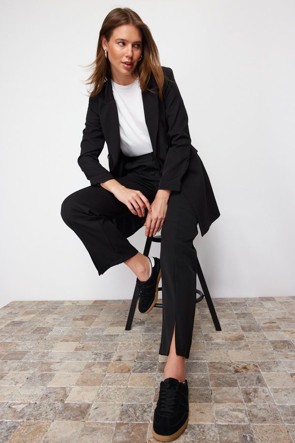 Trendyol Trendyol crni visoki struk prorez detaljne tkane hlače s džepovima