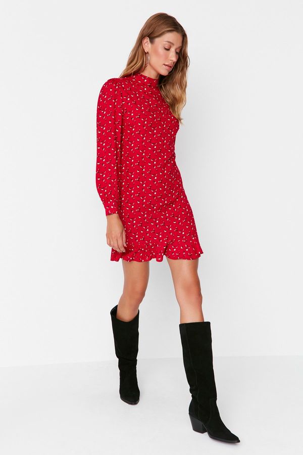 Trendyol Trendyol crveni visoki vrat flounce mini tkana tkana haljina