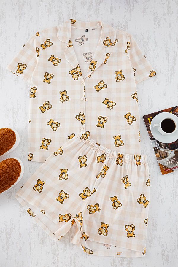 Trendyol Trendyol Curve Beige Teddy Bear Patterned Shirt Collar Knitted Pajama Set