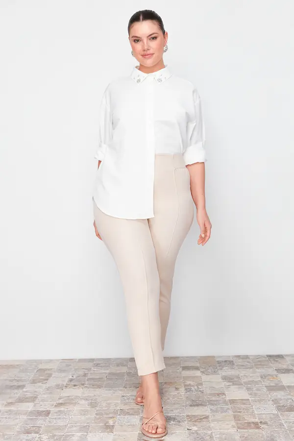 Trendyol Trendyol Curve Beige Woven Elastic Waist Fabric Trousers