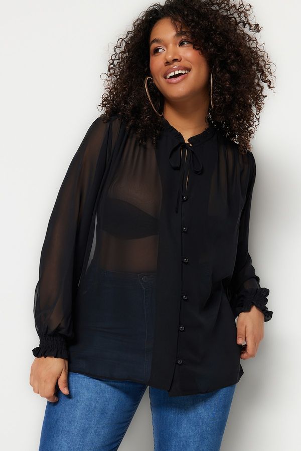 Trendyol Trendyol Curve Black Chiffon Shirt with Weave Sleeves and Gipple