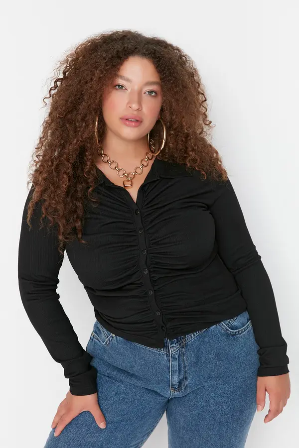 Trendyol Trendyol Curve Black Fitted Gathered Knitted Shirt