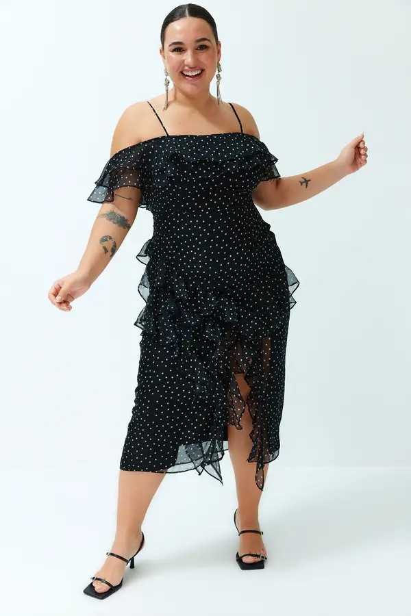 Trendyol Trendyol Curve Black Polka Dot Ruffle Adjustable Strap Maxi/Long Length Woven Dress