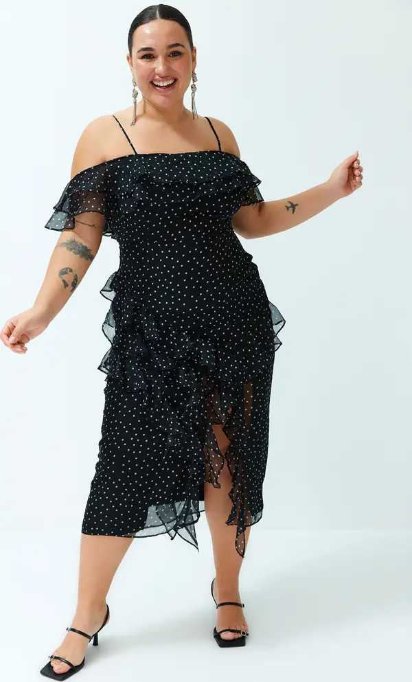 Trendyol Trendyol Curve Black Polka Dot Ruffle Adjustable Strap Maxi/Long Length Woven Dress