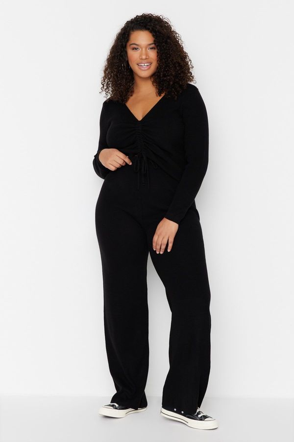 Trendyol Trendyol Curve Black V Neck Tie Detailed Knitwear Blouse & Pants Suit