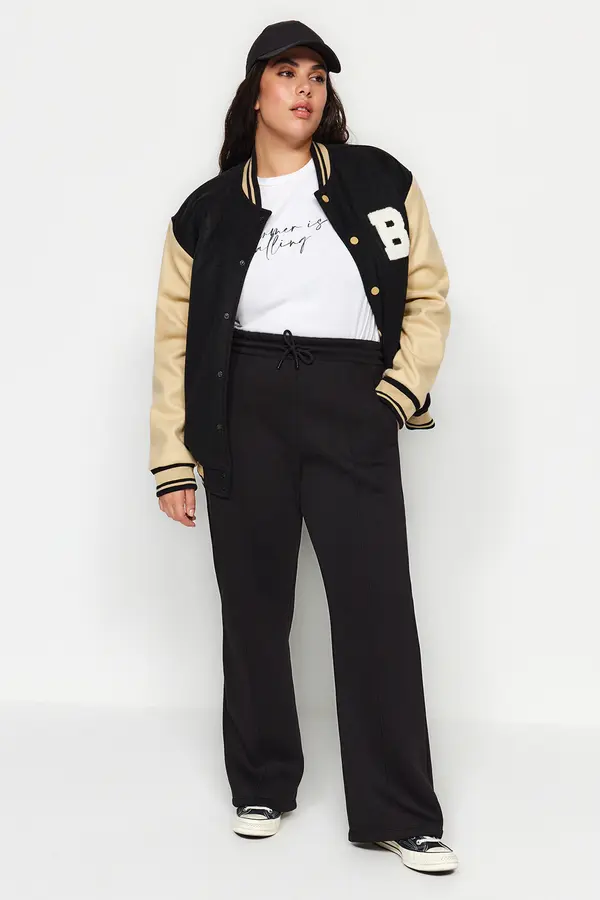 Trendyol Trendyol Curve Black Wide Leg Thick Polar Fleece Knitted Plus Size Sweatpants