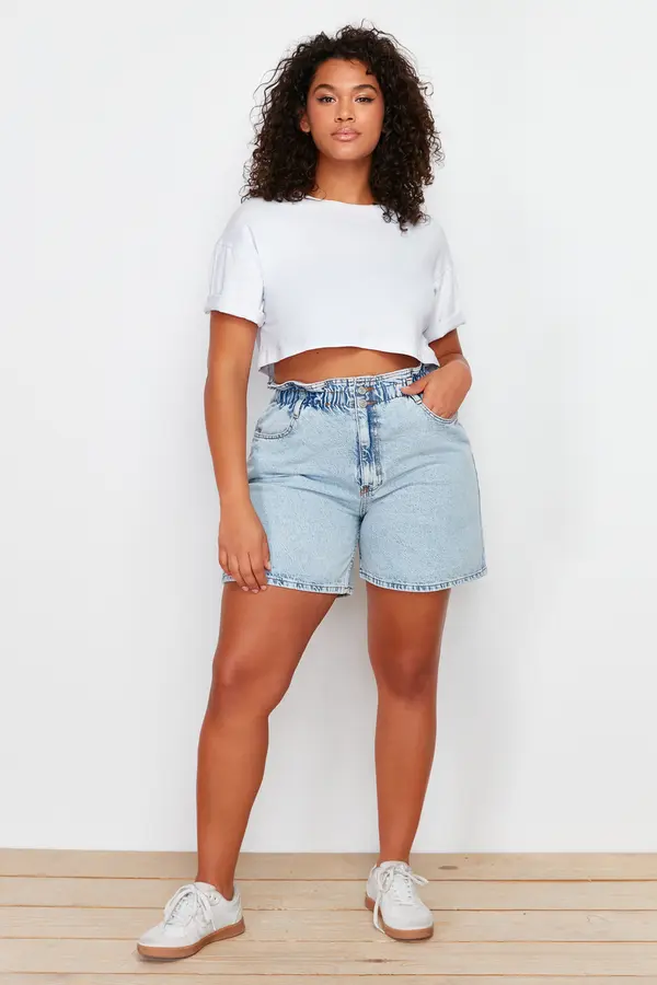Trendyol Trendyol Curve Blue High Waist Elastic Waist Wide Leg Shorts & Bermuda