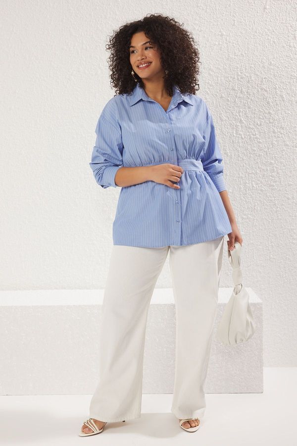 Trendyol Trendyol Curve Blue Striped Waist Detail Weaving Plus Size Shirt