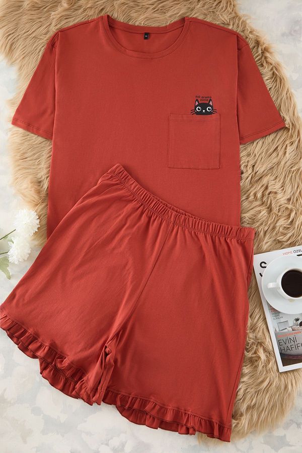 Trendyol Trendyol Curve Brick Cat Printed Knitted Pajama Set